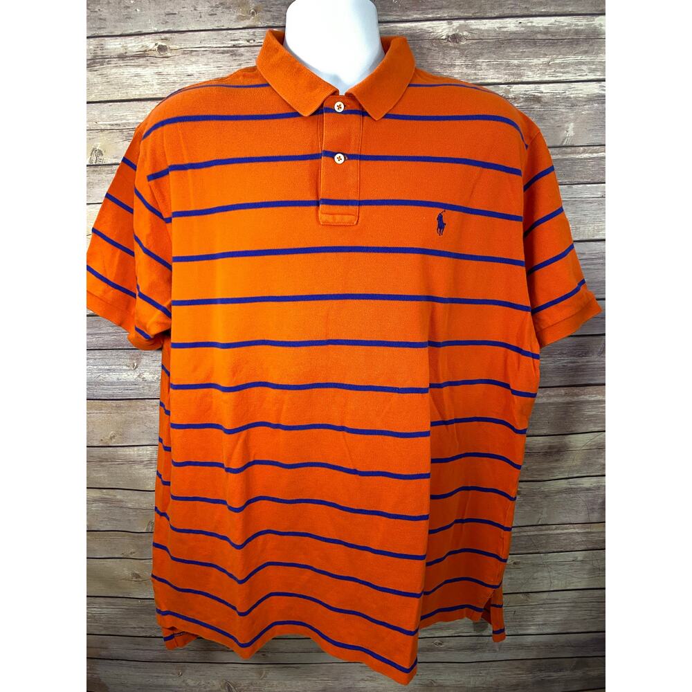 Vintage Striped Polo Shirt – Orange / Blue , Size 2XL Big Fit with Blue  Logo